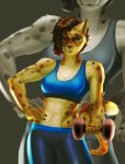  2019 5_fingers anthro arm_tuft athletic blue_eyes bottomwear bra brown_hair brown_nose brown_spots cheek_tuft cheetah clothing dumbbell elbow_tufts exercise eyebrows eyelashes face_tuft felid feline female finger_claws fingers fur hair hand_on_hip hi_res holding_object inner_ear_fluff looking_at_viewer mammal midriff navel pants portrait rerepop shoulder_tuft solo sports_bra spots spotted_body spotted_fur spotted_tail three-quarter_portrait trinity_barnett tuft underwear weights workout yellow_body yellow_fur 