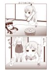  3girls adjusting_hair bangs blunt_bangs bowl bunny closed_eyes commentary_request door food food_in_mouth fruit hair_bobbles hair_ornament hanten_(clothes) hatsuyuki_(kantai_collection) highres imitating japanese_clothes kaga_(kantai_collection) kantai_collection kotatsu long_sleeves mandarin_orange monochrome mouth_hold multiple_girls open_door partially_translated pleated_skirt sailor_collar sailor_shirt sazanami_(kantai_collection) sazanami_konami shirt side_ponytail sidelocks sitting skirt standing surprised table thighhighs translation_request wide_sleeves 