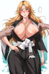  ... 1girl black_clothes bleach blue_eyes blush breasts cleavage commentary commentary_request grabbing japanese_clothes kimura_naoki large_breasts long_hair matsumoto_rangiku no_bra orange_hair shiny shiny_skin sweat 