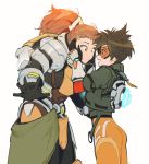  2girls absurdres armor ass brigitte_(overwatch) brown_eyes brown_hair eye_contact gloves goggles hands_on_another&#039;s_cheeks hands_on_another&#039;s_face height_difference highres jacket korean_commentary looking_at_another maro_(lij512) multiple_girls open_hands open_mouth overwatch overwatch_2 ponytail power_armor short_hair simple_background smile standing tracer_(overwatch) white_background 