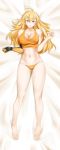  1girl absurdres ahoge alfred_cullado ass_visible_through_thighs banned_artist barefoot bed_sheet blonde_hair breasts cleavage closed_mouth covered_nipples curly_hair from_above full_body hair_between_eyes highres incredibly_absurdres large_breasts long_hair looking_at_viewer lying midriff navel on_back panties prosthesis prosthetic_arm purple_eyes rwby shiny shiny_hair solo stomach underwear very_long_hair yang_xiao_long yellow_panties yellow_tank_top 
