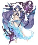  1girl anklet aqua_eyes barefoot bracelet choker earrings fins full_body hair_ornament jewelry ji_no long_hair looking_at_viewer navel ningyo_hime_(sinoalice) official_art purple_hair see-through sinoalice solo staff swimsuit transparent_background very_long_hair water 