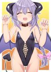 1girl bow demon_horns demon_tail demon_wings dura fang halloween halloween_costume highres horns leotard neptune_(series) open_mouth pink_bow purple_hair pururut tail wings 