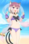  1girl :d animal_ear_fluff animal_ears bare_shoulders beach bell bell_choker bikini breasts bridal_gauntlets cat_ears cat_girl cat_tail choker clenched_hands commentary extra_ears fang front-tie_bikini front-tie_top gloves gradient_hair hands_up highres jingle_bell looking_at_viewer medium_breasts miyasaka_tamaki multicolored_hair multiple_tails navel open_mouth princess_connect! purple_bikini purple_eyes purple_gloves purple_hair shawl shiraha_maru short_hair side-tie_bikini smile solo stomach swimsuit tail two_tails 