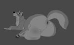  2019 absurd_res anus balls balto balto_(film) big_balls big_butt black_and_white black_nose blush butt canid canine canis claws digital_drawing_(artwork) digital_media_(artwork) feral full-length_portrait fur grey_background heftyotter hi_res huge_balls huge_butt hyper hyper_balls looking_back lying male mammal monochrome nude open_mouth pawpads portrait puppypaws rear_view simple_background smile solo thick_thighs toe_claws wolf 