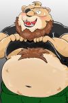  2018 anthro belly blush clothed clothing dain_4201 eye_patch eyes_closed eyewear felid hi_res humanoid_hands lion male mammal navel open_shirt overweight overweight_male pantherine shirt solo topwear 