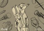  2019 anthro bottomwear camera canid canine clothed clothing dipstick_ears disney duo ears_back fox fully_clothed group hi_res holding_object inktober judy_hopps lagomorph leporid mammal microphone multicolored_ears neck_tuft necktie nick_wilde pants pivoted_ears qalcove rabbit shirt topwear tuft zootopia 