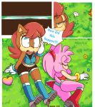  ... amy_rose boots bottomwear breasts chipmunk clothed clothing comic dress duo eulipotyphlan eyes_closed female flower food footwear grass ground_squirrel hair headgear headwear hearlesssoul hedgehog hi_res lying mammal midriff open_mouth outside panties plant rodent sally_acorn sciurid shorts sitting sonic_(series) speech_bubble text underwear 