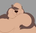  2019 belly big_breasts black_nose breast_grab breasts brown_body brown_eyes brown_fur chubby_cheeks claws digital_drawing_(artwork) digital_media_(artwork) female fur grey_background hair hand_on_breast heftyotter hi_res huge_breasts looking_at_viewer lutrine mammal mustelid obese obese_female one_eye_closed overweight overweight_female puppypaws simple_background smile solo thick_neck whiskers wink 
