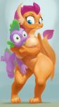  2018 absurd_res anthro areola big_breasts bluedrg19 breasts child dragon duo female friendship_is_magic green_eyes headlock hi_res horn my_little_pony non-mammal_breasts simple_background smolder_(mlp) spike_(mlp) teenager wings young 