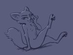  2019 anthro arm_support arm_tuft bedroom_eyes biped blue_background blue_theme breasts canid canine cheek_tuft chest_tuft digital_media_(artwork) disney elbow_tufts face_tuft female fox fuel_(artist) half-closed_eyes hand_lick head_tuft inner_ear_fluff knee_tuft leg_tuft looking_at_viewer mammal monochrome naughty_face nipples nude pawpads pose seductive simple_background sitting skye_(zootopia) small_breasts smile solo tongue tongue_out tuft zootopia 