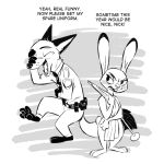  abstract_background anthro barefoot black_and_white bodily_fluids buckteeth canid canine clothed clothing covering dialogue dipstick_ears disney duo embarrassed english_text eyes_closed fox fully_clothed judy_hopps lagomorph laugh leporid mammal monochrome multicolored_ears nick_wilde nude open_mouth pawpads police_uniform rabbit rockbottomfeeder scut_tail simple_background standing tears teeth text tongue uniform white_background zootopia 