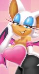  bedroom_eyes big_breasts breasts chiropteran cleavage clothed clothing eyeshadow fangs female fully_clothed gloves half-closed_eyes handwear hi_res looking_at_viewer makeup mammal michiyoshi rouge_outfit rouge_the_bat seductive smile sonic_(series) wings 