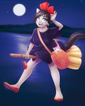  2018 anthro black_hair blue_eyes breasts broom broom_riding candy_(dannyckoo) chikachi clothing cosplay dannyckoo domestic_cat duo felid feline felis female flying footwear ghibli grey_body hair handbag hi_res kiki&#039;s_delivery_service kiki_(kds) mammal moon night outside pink_hair ribbons shoes size_difference smile solo_focus star water white_body 