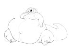  2019 absurd_res ambiguous_gender anthro belly big_belly big_tail biped black_and_white black_nose chubby_cheeks claws digital_drawing_(artwork) digital_media_(artwork) eyes_closed facing_viewer full-length_portrait hand_on_stomach heftyotter hi_res huge_thighs hyper hyper_belly lutrine mammal monochrome morbidly_obese mustelid navel obese overweight portrait puppypaws simple_background sitting smile soles solo thick_neck thick_tail thick_thighs toe_claws whiskers white_background 
