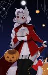  5_fingers absurd_res anthro big_breasts blush breasts clothing dress equid equine female fingers food fruit hair halloween hi_res holidays horse legwear mammal moon pewas plant pony pumpkin red_clothing red_dress red_eyes smile solo stockings vampire white_hair wide_hips 
