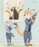  &lt;3 ambiguous_gender anthro barefoot building canid canine cheek_tuft clothed clothing disney ears_down electroshock_weapon face_tuft felid feline fox fully_clothed fur green_eyes grey_body grey_fur grimace group hb_runo holding_object holding_weapon inner_ear_fluff judy_hopps lagomorph leporid looking_at_another looking_at_viewer mammal necktie nick_wilde outside pivoted_ears police_uniform purple_eyes rabbit red_fox scut_tail silhouette tail_grab taser toeless_legwear tuft uniform weapon window zootopia 