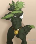  2019 abs absurd_res anthro black_nose body_hair bottomwear bulge canid canine canis clothed clothing digital_media_(artwork) fur green_body green_fur green_hair hair hi_res jockstrap lovers_of_aether male mammal muscular muscular_male nipples pecs pubes red_eyes rivals_of_aether simple_background smile solo spelunker_sal sylvanedadeer sylvanos topwear underwear undressing video_games wolf 