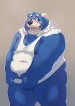  2015 anthro balls belly blue_body blue_fur blush clothing fur humanoid_hands male mammal mixvariety moobs nipples overweight overweight_male shirt simple_background solo topwear ursid 