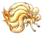  absurd_res ambiguous_gender black_nose chest_tuft fangs feral fluffy fluffy_tail fur hi_res jumping kenket midair multi_tail ninetales nintendo pawpads pok&eacute;mon pok&eacute;mon_(species) red_eyes simple_background smile solo tuft video_games white_background yellow_body yellow_fur 