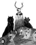 2019 ambiguous_gender canid canine canis clothed clothing feral group human lantern mammal standing tamberella traditional_media_(artwork) wolf 