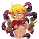  1:1 2019 5_fingers ahoge areola aura_bella_fiora blonde_hair blue_eyes blush bodily_fluids breasts clothed clothing dark_elf dark_skin digital_media_(artwork) double_v elf erect_nipples eyebrow_through_hair eyebrows female fingers gesture glistening glistening_body glistening_hair glistening_skin gloves green_eyes hair handwear hawawani heterochromia hi_res humanoid humanoid_pointy_ears looking_pleasured mammal navel nipples not_furry open_mouth overlord_(series) short_hair simple_background slime small_breasts smile solo sweat sweatdrop tentacle_in_ear tentacles torn_clothing translucent translucent_hair v_sign white_background 