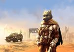  anthro armor assault_rifle belt body_armor canid canine canis cloak clothing desert gloves gun handwear harness jumpsuit looking_at_viewer mammal marsonaut military ranged_weapon rifle soldier tactical_gear truck vehicle warrior weapon wolf 
