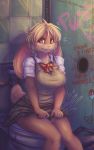  2019 absurd_res anthro biped blonde_hair bottomwear breasts clothing digital_media_(artwork) dimwitdog english_text female glory_hole graffiti hair hi_res lagomorph leporid lo long_ears mammal rabbit signature sitting skirt solo text toilet 