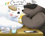  2014 anthro blush brown_body brown_fur duo english_text eyes_closed fur grizzly_(shirokuma_cafe) male mammal polar_bear shimesaba551 shirokuma shirokuma_cafe text ursid ursine white_body white_fur 