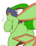  2016 anthro anthrofied big_breasts blue_hair breasts butt covering covering_self day-t dragon featureless_breasts female flygon green_body green_skin hair hi_res japanese_text long_hair looking_at_viewer looking_back nintendo non-mammal_breasts nude pok&eacute;mon pok&eacute;mon_(species) pok&eacute;morph presenting simple_background text translated video_games white_background wings 