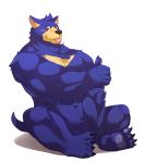 2015 3_toes 4_fingers 4_toes 5_fingers abs anthro biceps big_muscles biped black_eyes black_nose blep blue_body blue_fur chest_tuft claws dasyuromorph digital_drawing_(artwork) digital_media_(artwork) duo facebook facebook_stickers fingers fur gesture hi_res inner_ear_fluff looking_at_viewer male mammal marsupial multicolored_body multicolored_fur muscular muscular_male nude o-ro pawpads pecs simple_background sitting size_difference solo tasmanian_devil taz_(facebook) thumbs_up toe_claws toes tongue tongue_out tuft two_tone_body two_tone_fur white_background yellow_body yellow_fur 