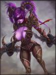  2019 absurd_res armor big_breasts blindfold blizzard_entertainment breasts clothed clothing demon_hunter digital_media_(artwork) elf female fingers glowing glowing_eyes hair hi_res holding_object holding_weapon horn humanoid humanoid_pointy_ears melee_weapon night_elf nilania not_furry pigtails purple_body purple_eyes purple_hair purple_skin simple_background smile tattoo thick_thighs vempire video_games warcraft weapon wide_hips 