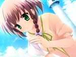  braid brown_hair day game_cg green_eyes hair_ribbon ribbon sky smile solo souryuu 