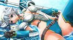  armor cameltoe gloves grey_eyes lying monster_hunter monster_hunter_frontier silver_hair solo thighhighs v-mag water weapon 