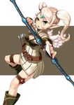  aiming aiming_at_viewer archer_(dragon_nest) arrow bad_id bad_pixiv_id blonde_hair boots bow_(weapon) breasts cleavage cleavage_cutout dragon_nest drawing_bow dress elf forehead_jewel green_eyes highres holding holding_arrow holding_bow_(weapon) holding_weapon medium_breasts nano_dayo no_nose outstretched_arm pointy_ears short_dress solo twintails weapon wings 