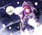  bug butterfly butterfly_on_hand cherry_blossoms face frills full_moon gayprince ghost hat highres hitodama insect japanese_clothes moon night petals pink_hair red_eyes saigyouji_yuyuko short_hair solo touhou tree 