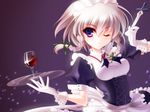  alcohol braid glass gloves hair_ribbon izayoi_sakuya knife maid maid_headdress one_eye_closed purple_eyes ribbon s-yin short_hair silver_hair solo touhou tray twin_braids wallpaper weapon white_gloves wine wrist_cuffs 