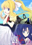  air bad_id bad_pixiv_id blonde_hair blue_eyes blue_hair chocho_(homelessfox) japanese_clothes kamio_misuzu kannabi_no_mikoto kimono long_hair multiple_girls ponytail school_uniform wings 