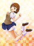  bad_id bad_pixiv_id brown_eyes brown_hair flower hair_flower hair_ornament highres jumping legs misaka_mikoto school_uniform short_hair shorts solo sweater_vest swordsouls to_aru_kagaku_no_railgun to_aru_majutsu_no_index 