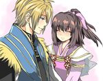  1girl azai_nagamasa_(sengoku_musou) blonde_hair blue_eyes blush brown_hair closed_eyes couple hetero oichi_(sengoku_musou) peach_rock sengoku_musou sengoku_musou_2 short_hair smile 