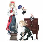  alice_margatroid apron blonde_hair book buttons capelet closed_eyes doll dress electric_fan fan fanning_face hairband kirisame_marisa kneeling multiple_girls nabeshima_tetsuhiro open_mouth paper_fan profile shanghai_doll touhou uchiwa wind wind_chime 