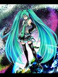  aqua_hair aratako bad_id bad_pixiv_id detached_sleeves hatsune_miku headphones legs long_hair necktie solo spring_onion thighhighs twintails vocaloid 