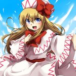  bad_id bad_pixiv_id blonde_hair blue_eyes bow bowtie capelet day hand_on_own_chest hat hat_bow lily_white long_hair marimo_danshaku music open_mouth singing sky smile solo touhou 
