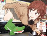  amagami brown_eyes brown_hair computer face kibito_high_school_uniform peg sakurai_rihoko school_uniform short_hair solo stuffed_animal stuffed_crocodile stuffed_toy through_screen 