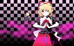  blonde_hair blue_eyes checkered checkered_background dress gayprince highres medicine_melancholy one_eye_closed ribbon smile solo steepled_fingers su-san touhou 