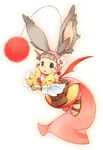  animal_ears bag bat_wings belt brown_eyes bunny_ears dress final_fantasy final_fantasy_xii flower flying full_body grey_hair gurdy moogle om_(nk2007) open_mouth sandals sleeves_past_wrists solo wings 