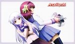  absurdres angel_beats! back-to-back book bow crossed_arms gun hair_bow headband highres long_hair looking_back multiple_girls non-web_source purple_hair school_uniform serafuku silver_hair tenshi_(angel_beats!) thighhighs weapon yellow_eyes yuri_(angel_beats!) 