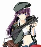  beret female gun midriff motorcycle navel p90 purple_hair unbuttoned 