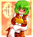  ascot blush breast_hold breasts green_hair kazami_yuuka large_breasts plaid plaid_skirt plaid_vest red_eyes roki_(hirokix) short_hair skirt skirt_set solo tears touhou translated tsundere vest 