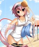  bare_shoulders beach black_legwear day hairband heart highres innertube jitome jpeg_artifacts komeiji_satori liya one-piece_swimsuit pink_hair purple_eyes school_swimsuit short_hair solo swimsuit thighhighs touhou umbrella white_school_swimsuit white_swimsuit 